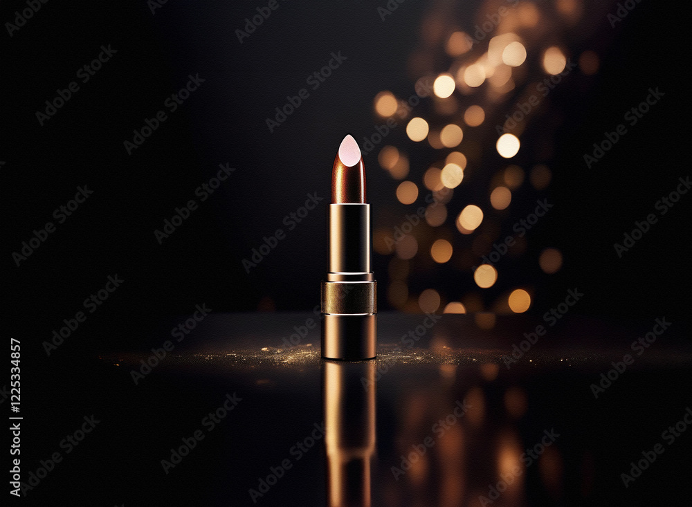 Poster a luxurious gold lipstick tube sits on a reflective surface, softly illuminated against a bokeh back