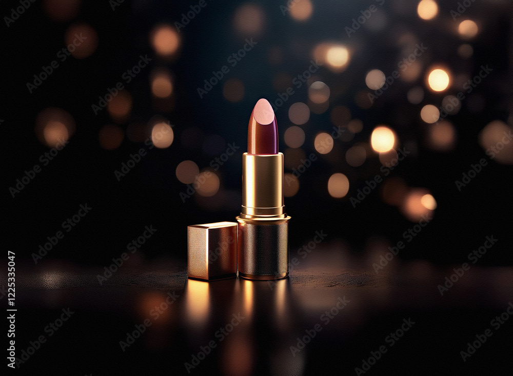 Poster luxurious dark red lipstick with a golden case, elegantly presented against a bokeh backdrop of warm