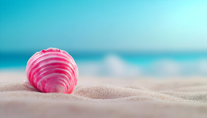 Obraz premium A close-up of a beautiful pink shell resting on sunny beach sand, with serene blue ocean waves in the background.