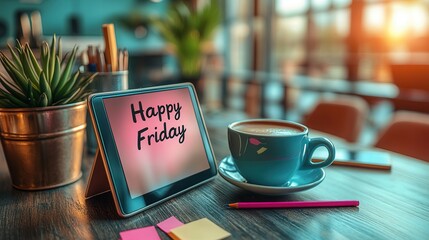 Happy Friday Coffee And Tablet On Stylish Office Desk