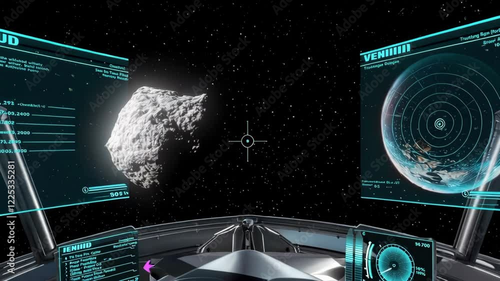 Poster exploring an asteroid from the cockpit of a spacecraft in deep space mission