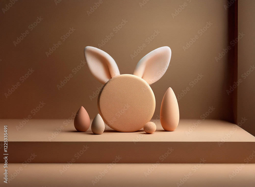 Poster a minimalist 3d render of a bunny-shaped figure with pastel peach tones, accompanied by small geomet