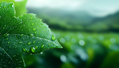 A close-up of a fresh green leaf adorned with water droplets, capturing the beauty of nature's details.