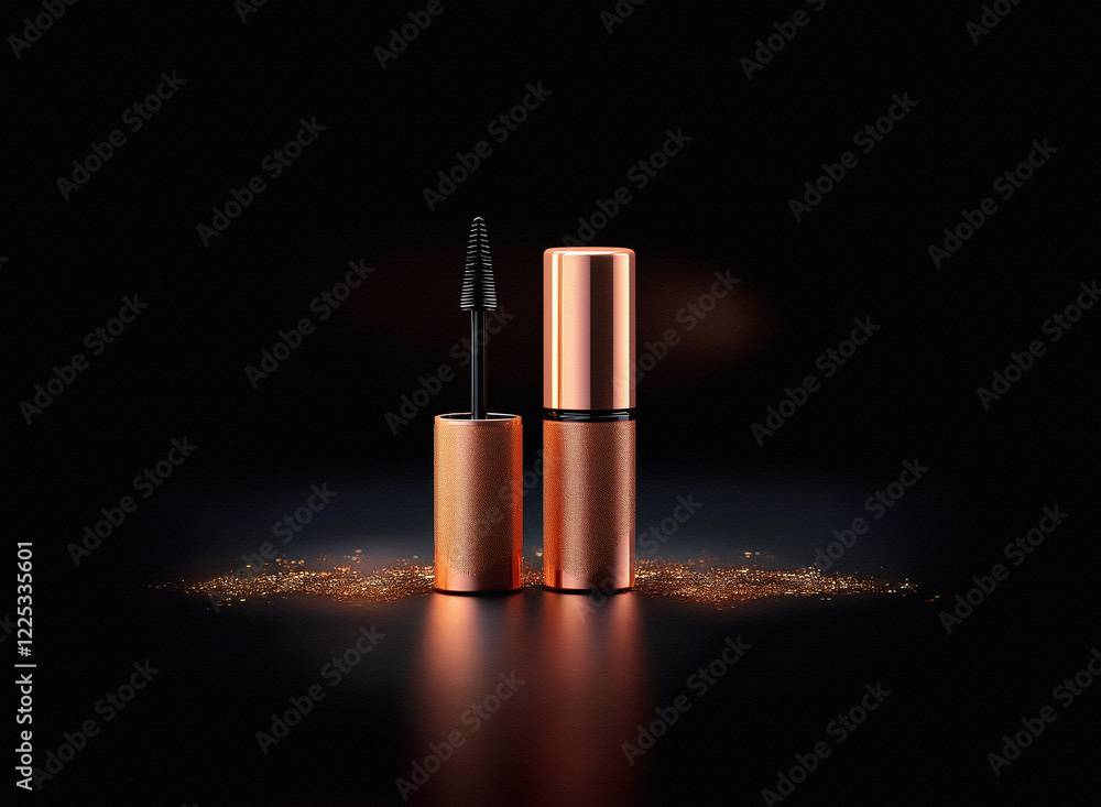 Poster rose gold eyeliner with a black applicator, elegantly displayed against a dark background, accented 