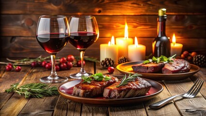 Elegant dinner for two with grilled steaks and red wine