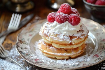 A stack of fluffy waffles with a dollop of whipped cream and fresh raspberries on top