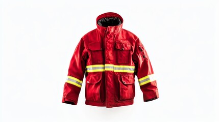 Obraz premium Bright red fireman jacket with reflective stripes, designed for safety and visibility during emergency response situations, on a white isolated background.