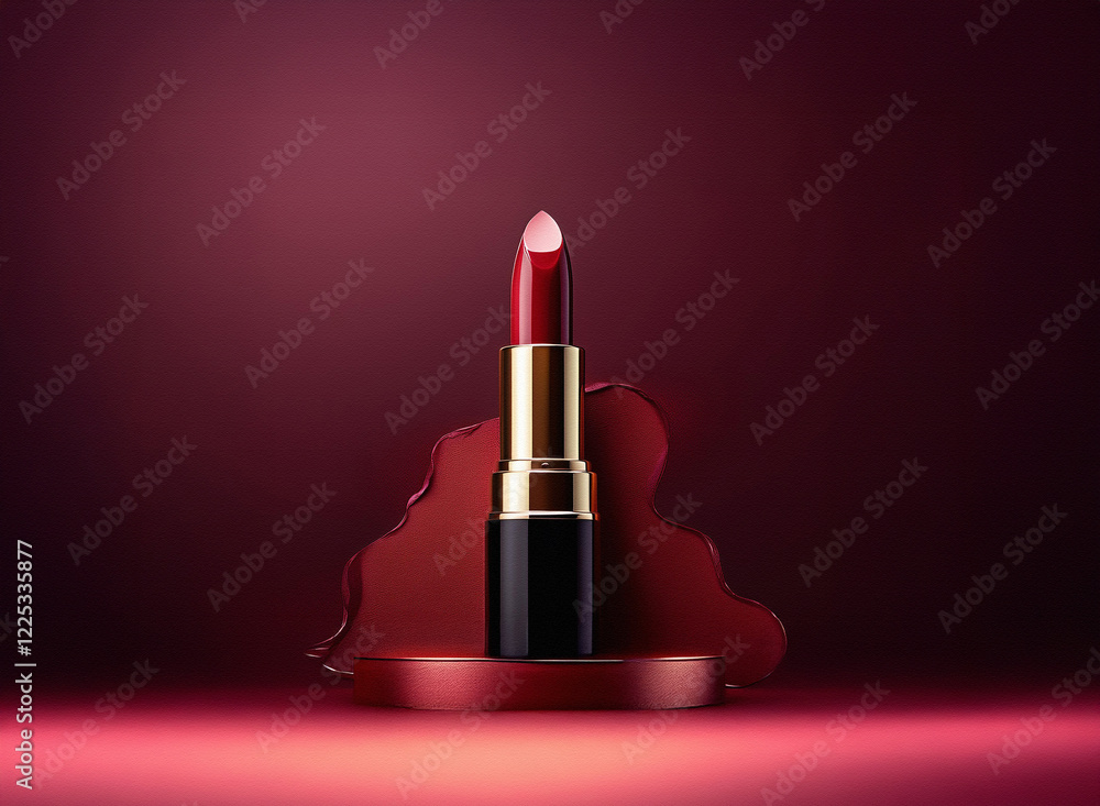 Poster a single tube of dark red lipstick stands upright on a maroon platform against a deep red backdrop. 