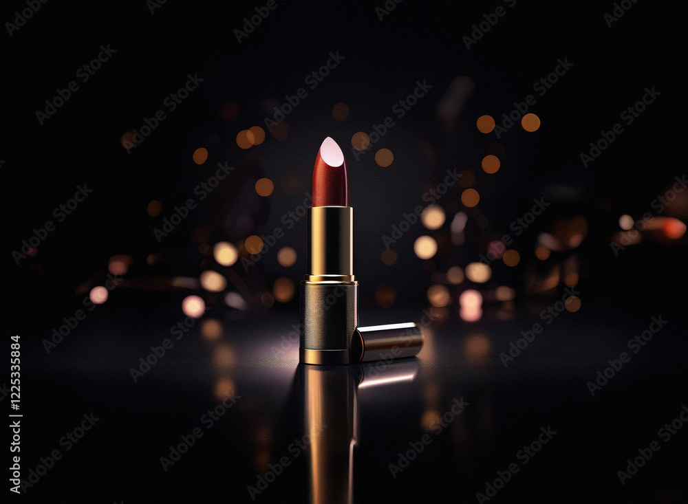 Poster a single tube of dark red lipstick with a gold casing sits on a reflective surface, surrounded by bo
