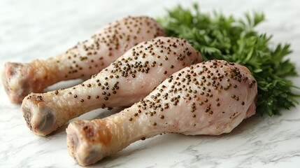 Seasoned chicken legs, parsley garnish, marble background. Food photography for recipe blogs