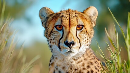 Obraz premium Majestic Cheetah Portrait Surrounded by Lush Green Grasslands