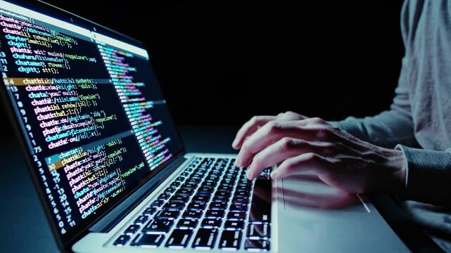 Coding session features hands typing on laptop with colorful programming codes at night