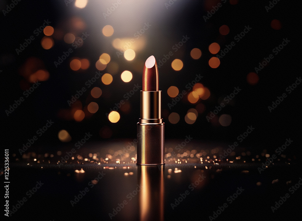 Poster a luxurious lipstick with a rose gold tube sits on a dark surface, sparkling with gold glitter. soft