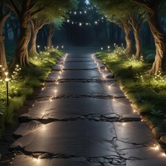 Dark stone pavement with twinkling fairy lights tracing a pathway through an enchanted forest, mystical, dark stone
