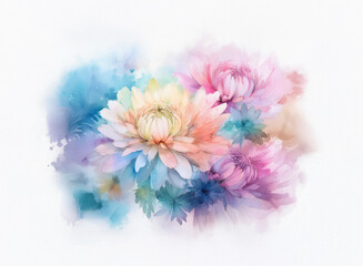 Obraz premium Soft watercolor painting of pastel chrysanthemums in a loose, impressionistic style. The blooms are rendered in pale pinks, blues, and yellows, creating a dreamy, ethereal effect.