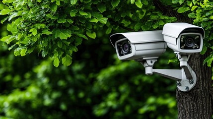 Close-up of a white security camera on a gray metal building, surrounded by lush green trees, emphasizing surveillance technology
