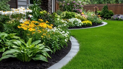 Naklejka premium Beautifully Landscaped Backyard with Vibrant Flowers and Lush Greenery in Peaceful Country Setting