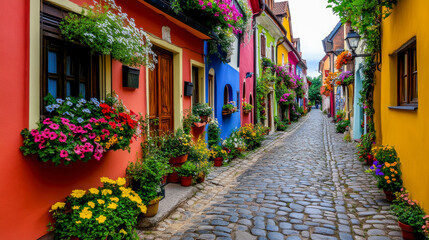Fototapeta premium A vibrant cobblestone street in a European old town, featuring colorful facades and blooming flower boxes in warm afternoon light.