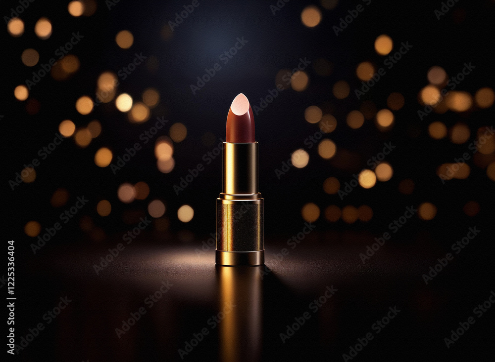 Aufkleber A single tube of deep red lipstick with gold casing stands elegantly on a reflective surface, illuminated against a backdrop of warm, bokeh lights.