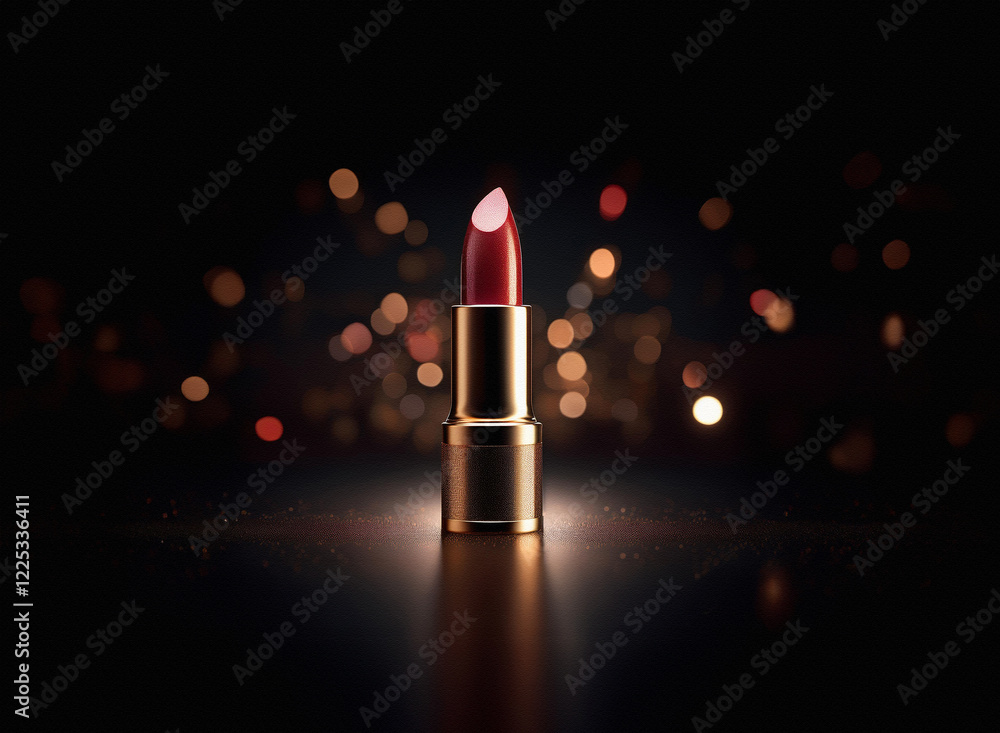 Poster A single tube of dark red lipstick stands on a reflective surface, illuminated against a bokeh background of warm lights.  The lipstick's creamy texture is subtly highlighted.
