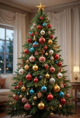 Decorated evergreen tree with a variety of ornaments hanging from its branches, Christmas tree decorating, Christmas decorations, festive colors
