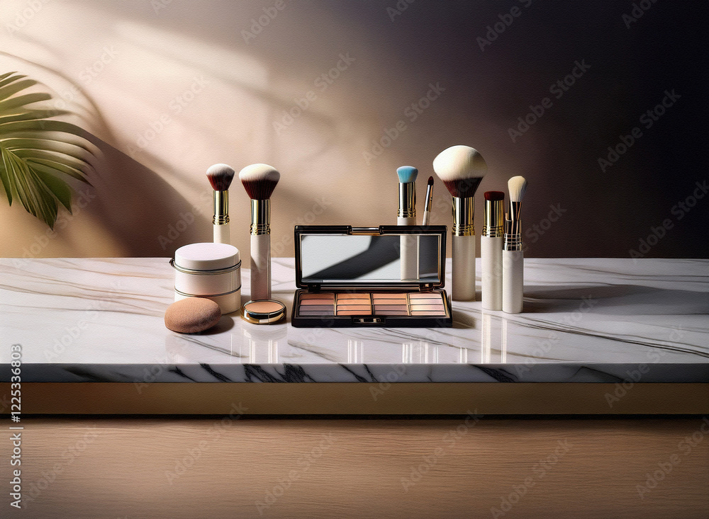 Poster sunlight illuminates a marble surface displaying an array of makeup brushes, a compact, and cosmetic