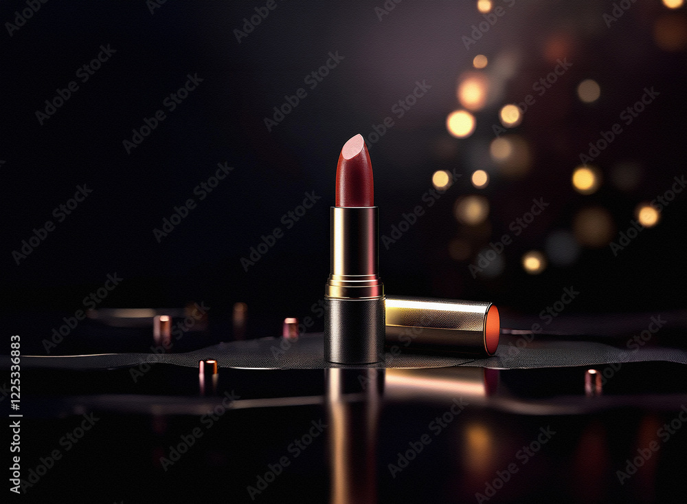 Poster a single tube of dark red lipstick stands upright, its gold casing gleaming against a dark, reflecti