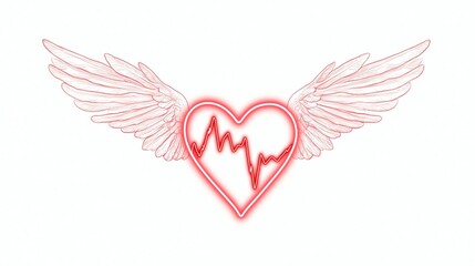 A stylized heart with wings, featuring a heartbeat waveform. Ideal for health and wellness themes, showcasing love and vitality on a clear white background.