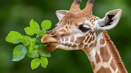 Obraz premium Giraffe Eating Fresh Green Leaves in a Natural Habitat