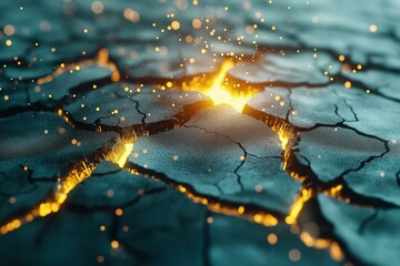 An illuminated crack in a textured surface showcases natural geological beauty.