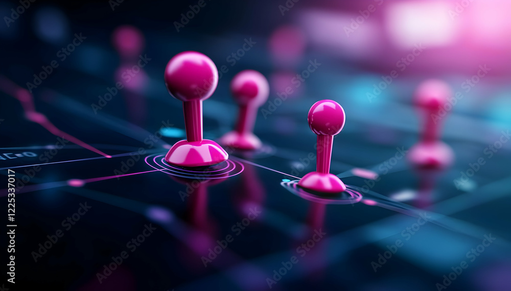 Poster a close-up of vibrant pink pins on a digital interface representing navigation and connectivity in t