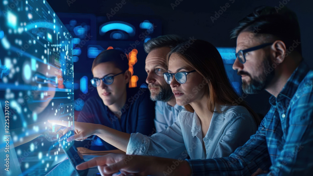 Poster diverse group of focused employees collaborates on digital project, analyzing data on futuristic scr