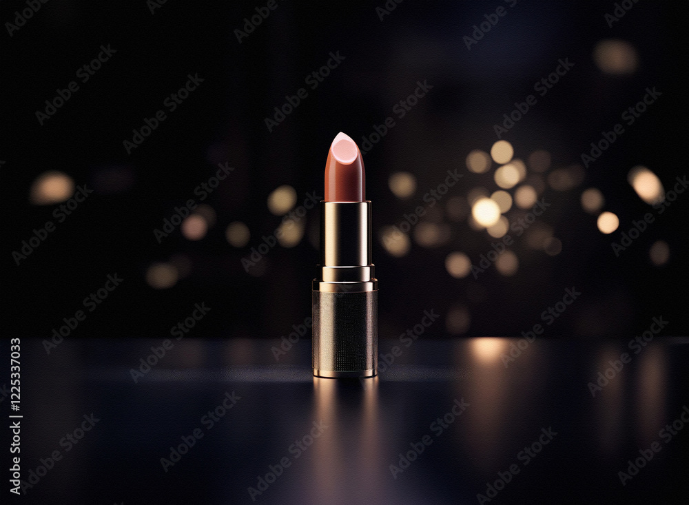 Poster A single tube of lipstick with a mauve shade sits on a reflective surface against a dark background with sparkling bokeh.  The lipstick is elegantly presented, highlighting its luxurious appearance.