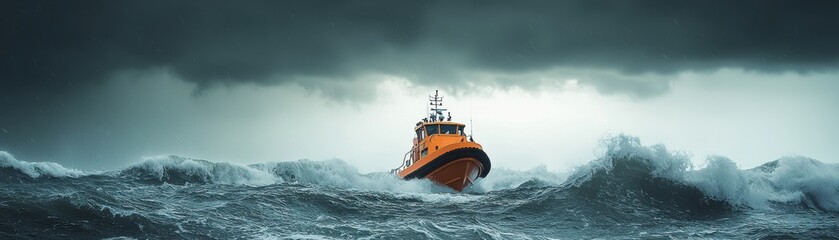Rescue boat navigating through stormy ocean waves.