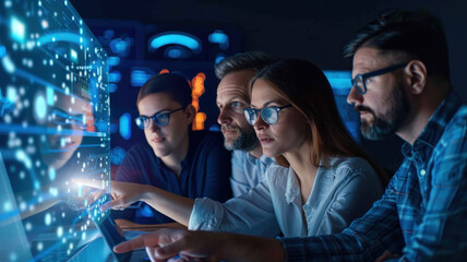A group of focused professionals analyzing data on a futuristic interactive screen in a modern office, representing teamwork, innovation, and technology driven collaboration.