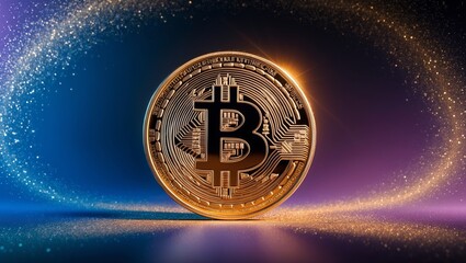 Shining gold bitcoin coin with bright light trail on blue purple gradient background