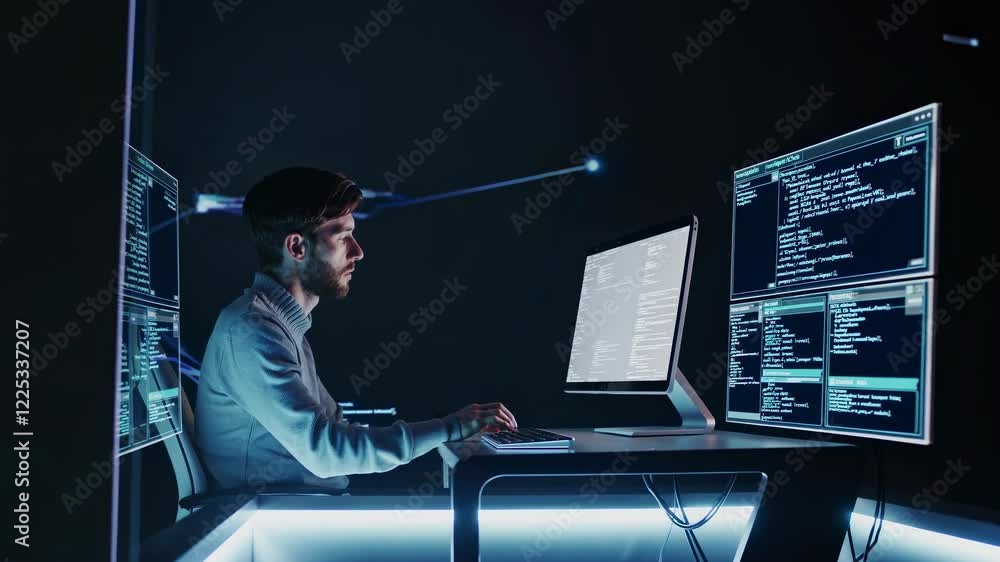 Poster Coding in the dark with multiple screens showcasing complex programming tasks