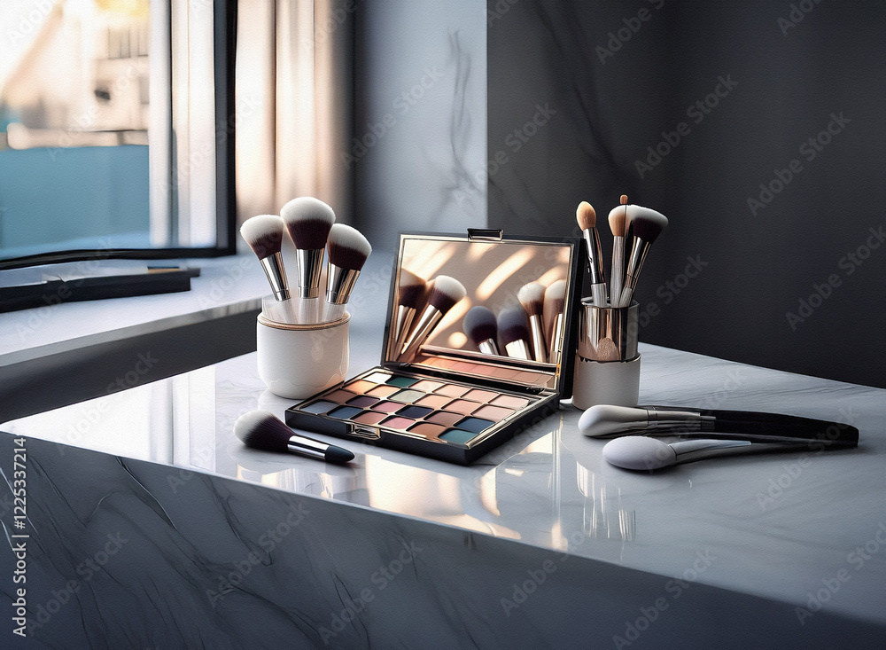 Poster sunlit vanity showcasing makeup brushes in elegant holders and a neatly arranged eyeshadow palette o