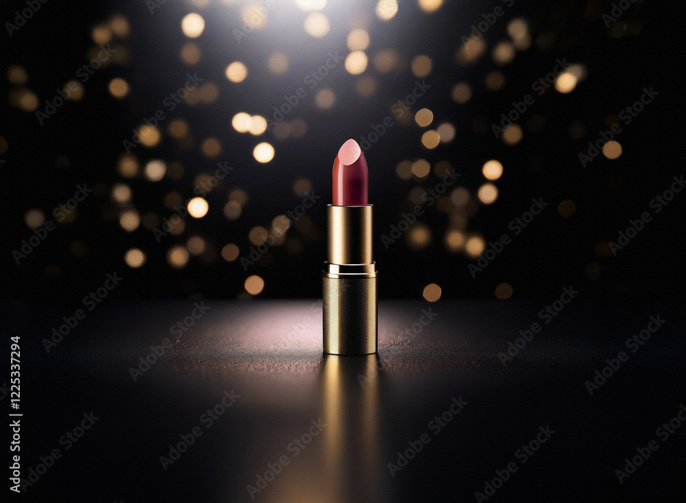 Poster a single tube of lipstick with a rich, dark red hue stands on a reflective surface, illuminated by a