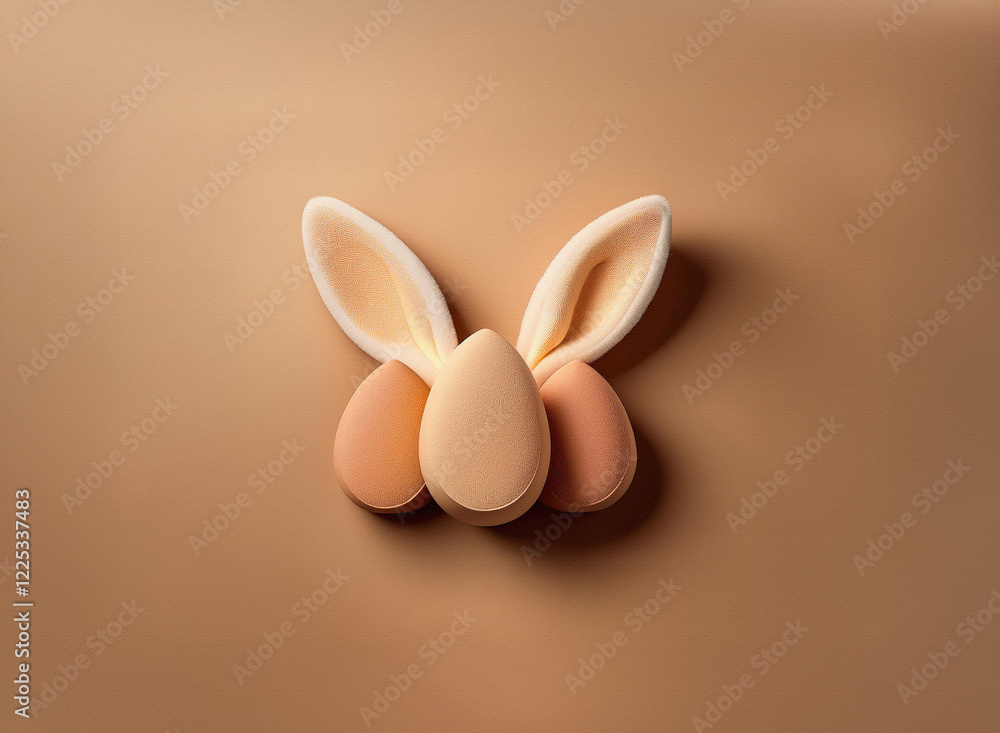 Poster a cute bunny crafted from three pastel eggs, sits against a muted brown background. the image uses 3