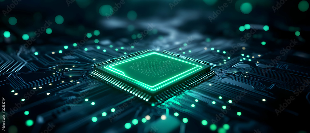 Poster a close-up view of a microchip with glowing circuitry, showcasing advanced technology and innovation