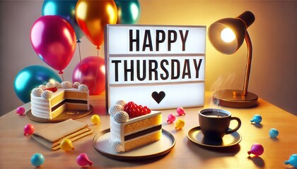 Festive Happy Thursday Table with Cake, Coffee, and Lightbox