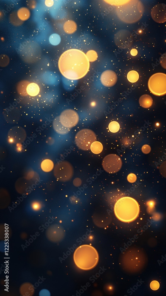 Poster golden bokeh lights on a dark blue background creating an abstract and festive atmosphere