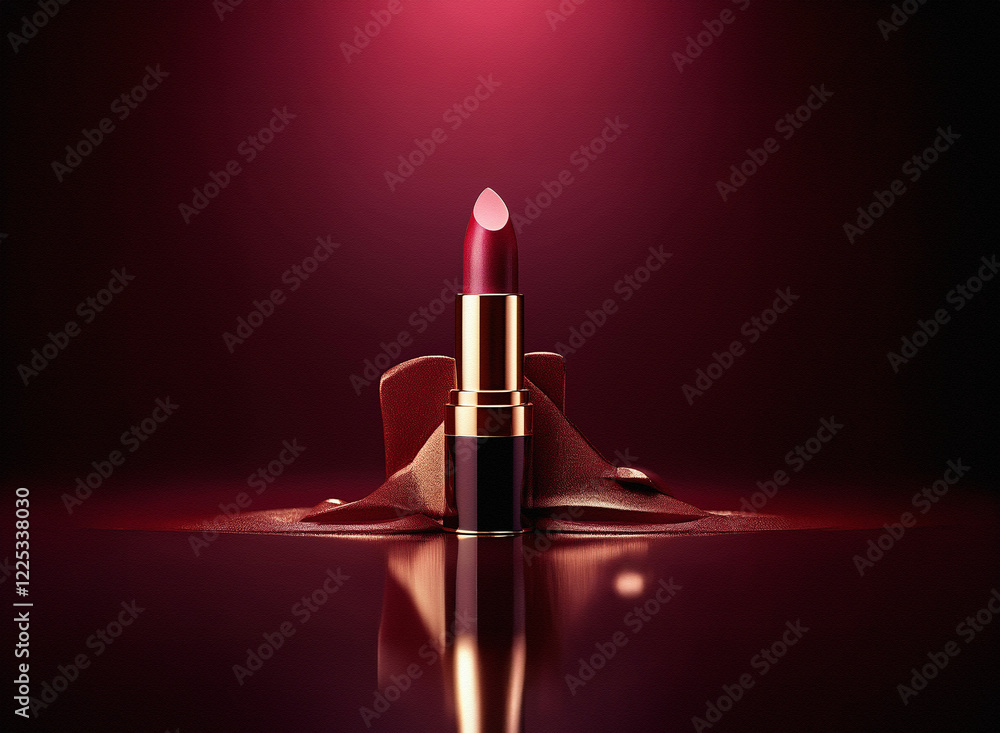 Poster a single lipstick stands upright, partially submerged in a pool of melted lipstick, reflecting on a 