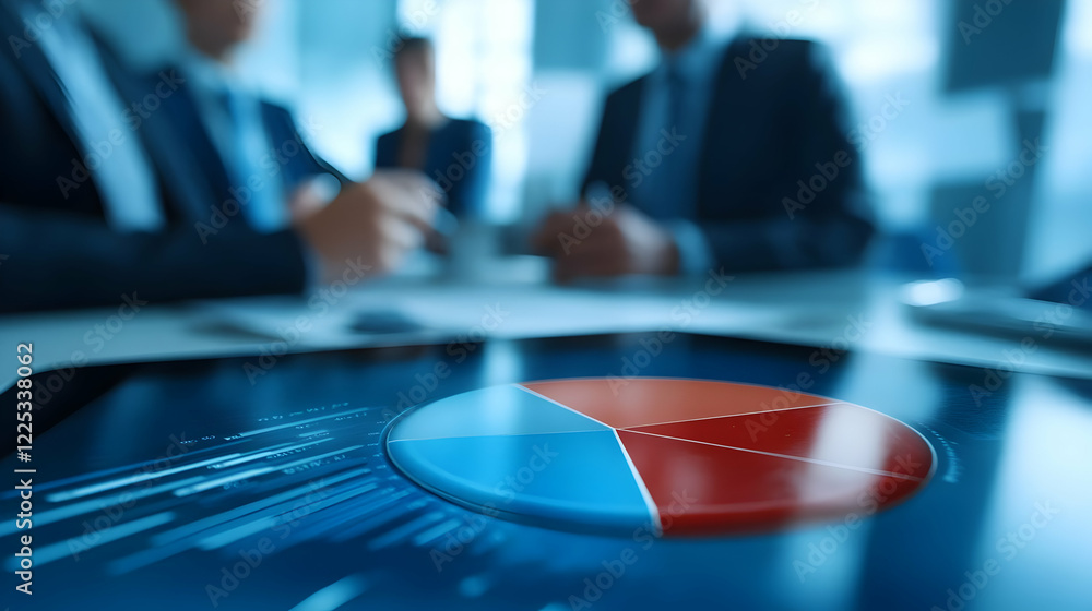 Poster a close view of a pie chart on a digital tablet, highlighting data analysis in a modern business mee