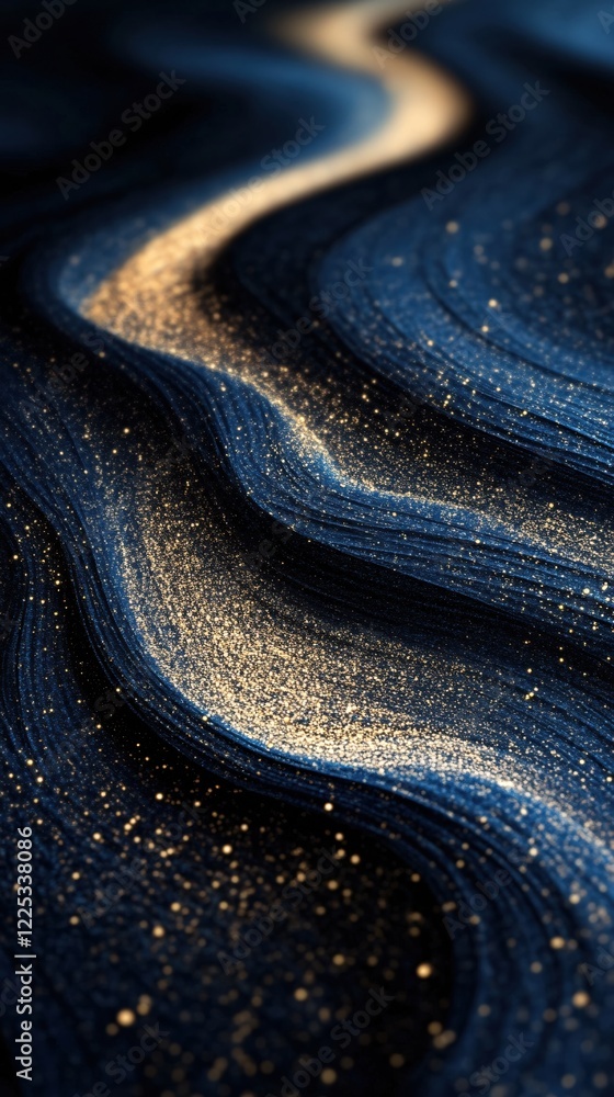 Poster abstract flowing blue texture with golden glitter particles creating a dynamic wave pattern