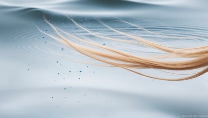 Blond hair floating on calm blue water with small bubbles and ripples texture pattern