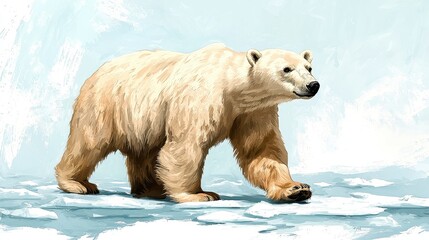 Polar Bear Walking on Ice in Arctic Environment with Soft Blue Background