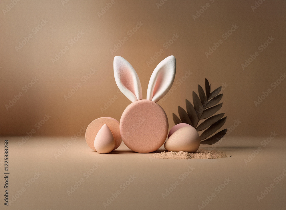 Poster a minimalist easter bunny, rendered in soft peach tones, sits amidst abstract forms and a fern frond