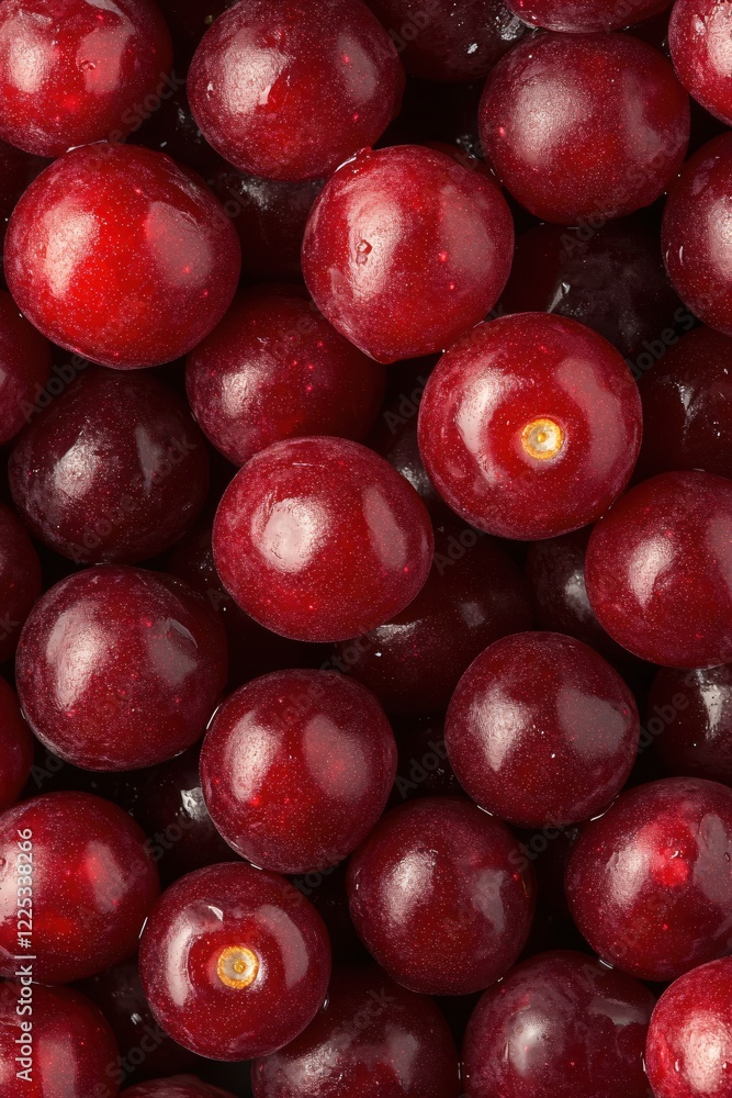 Poster fresh red cherries close up view with water drops on the surface creating a vibrant pattern